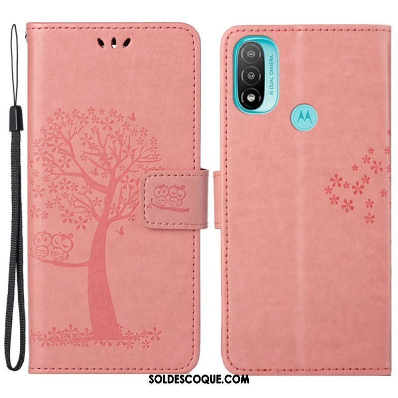 Housse Moto G71 5G Arbre et Hiboux à Lanière