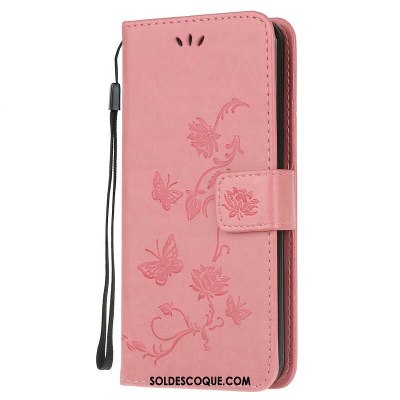 Housse Samsung Galaxy M21 Papillons Et Fleurs À Lanière