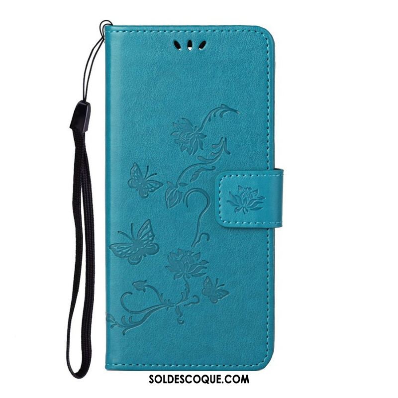 Housse Samsung Galaxy S21 5G Papillons Et Fleurs À Lanière