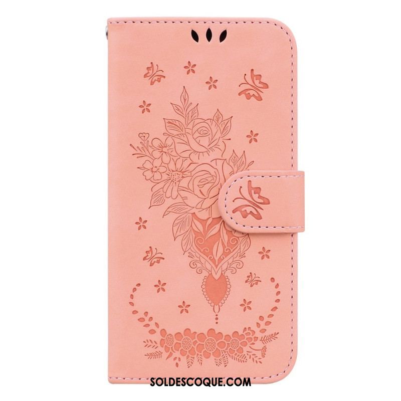 Housse Samsung Galaxy S23 5G Roses et Papillons à Lanière