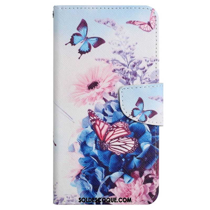 Housse Xiaomi 12T / 12T Pro Papillons aux Fleurs avec Lanière