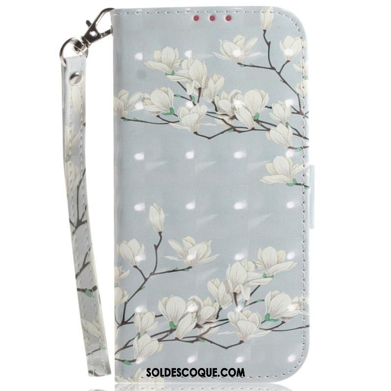 Housse Xiaomi 13 Fleurs Blanches à Lanière