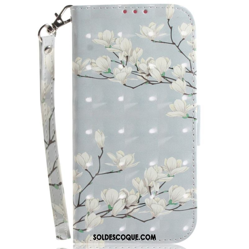 Housse Xiaomi Redmi Note 12 4G Fleurs Blanches à Lanière