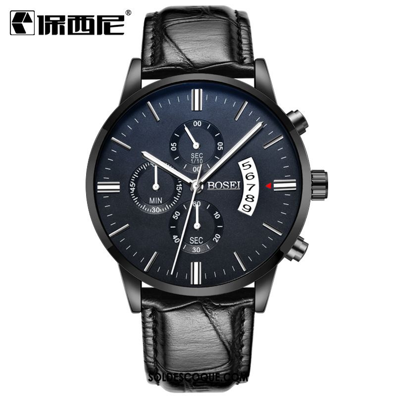 Montre Homme Bleu Calendrier Noir Montre À Bracelet Multifonctions Pas Cher