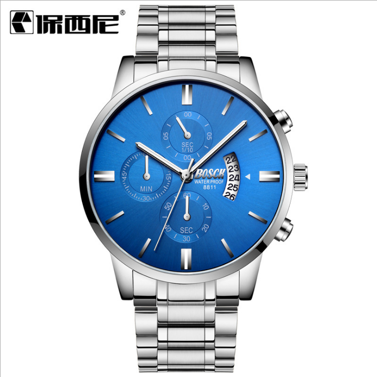 Montre Homme Bleu Calendrier Noir Montre À Bracelet Multifonctions Pas Cher