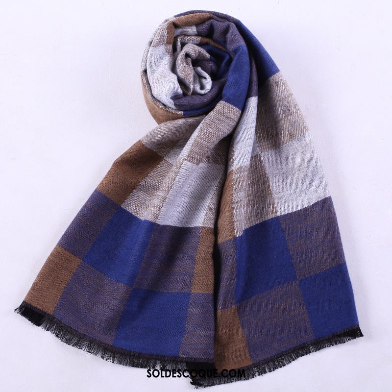 Écharpe Homme Plaid Britanique Hiver Longue Bleu Pas Cher