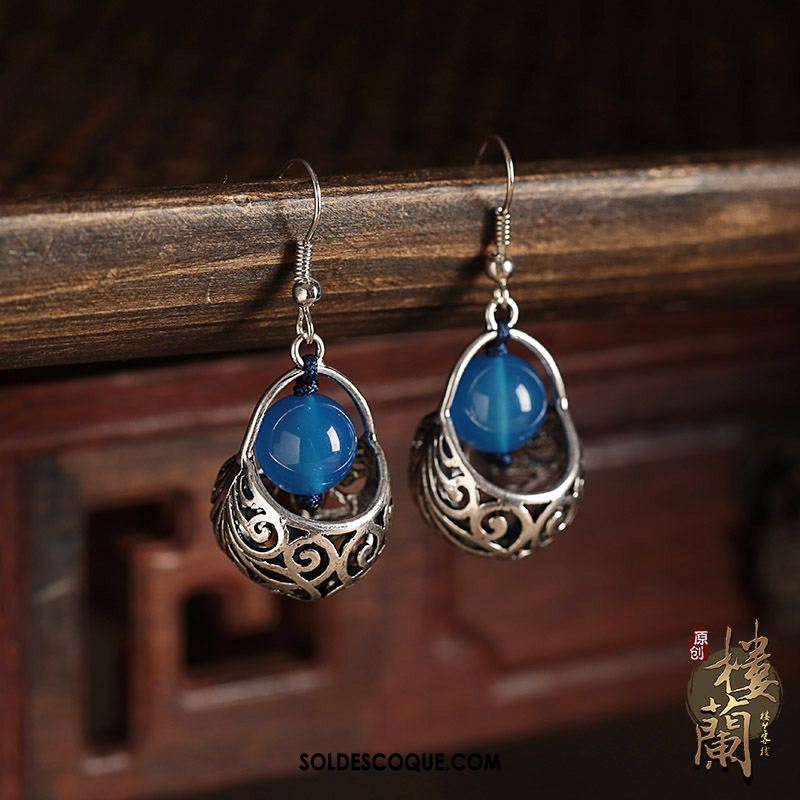 Boucles D'oreilles Femme Bleu Folk-custom Court Paragraphe Rétro Creux Soldes