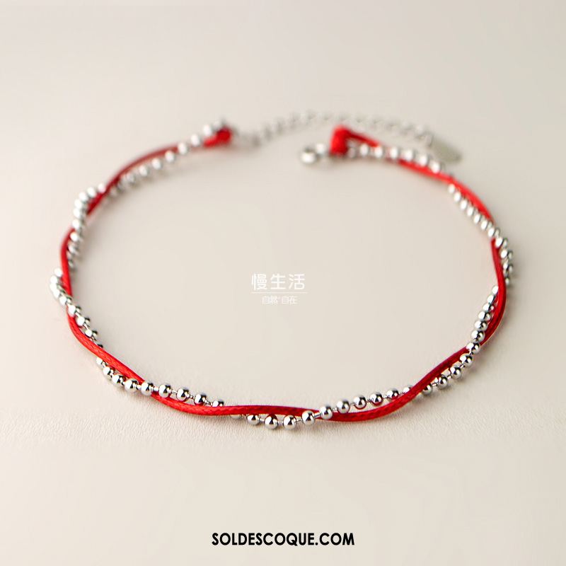 Bracelet De Cheville Femme Rouge Tissage Étudiant Rétro Argenté Soldes