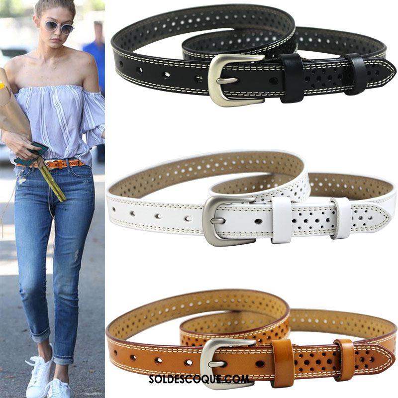 Ceinture Femme Respirant All-match Noir Cuir De Vache Jeans En Vente