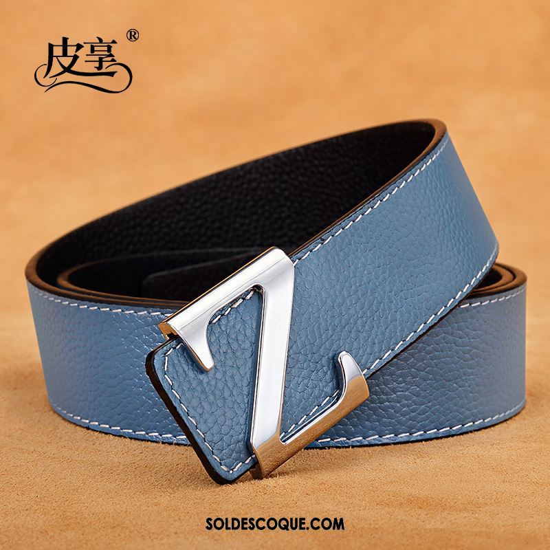 Ceinture Homme Cuir Véritable Mode Bleu Foncé Lisse Loisir Pas Cher