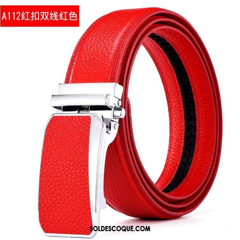 Ceinture Homme Marier Boucle Automatique Cuir De Vache Rouge Cuir Véritable Pas Cher