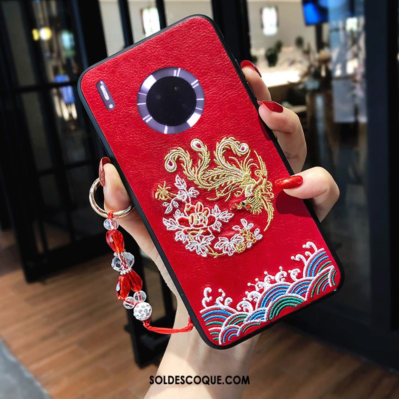 Coque Huawei Mate 30 Téléphone Portable Délavé En Daim Gaufrage Rouge Broderie Housse Pas Cher