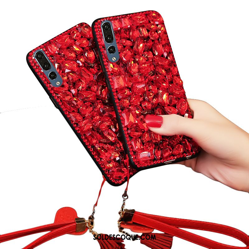 Coque Huawei P20 Pro Fluide Doux Luxe Rouge Téléphone Portable Incruster Strass Housse En Vente