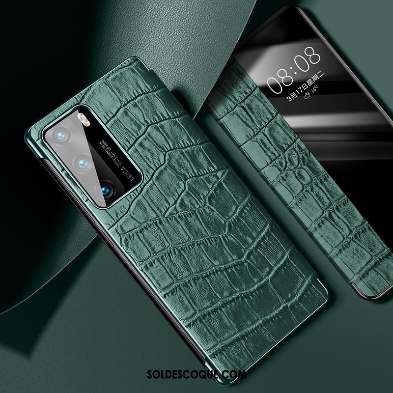 Coque Huawei P40 Cuir Cuir Véritable Très Mince Protection Vert Pas Cher