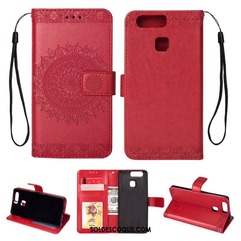 Coque Huawei P9 Portefeuille Ornements Suspendus Incassable Rouge Téléphone Portable Soldes