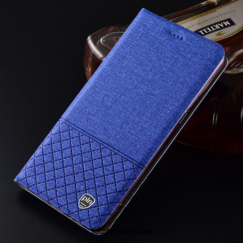 Coque Moto G7 Play Lin Étui En Cuir Incassable Plaid Bleu Pas Cher