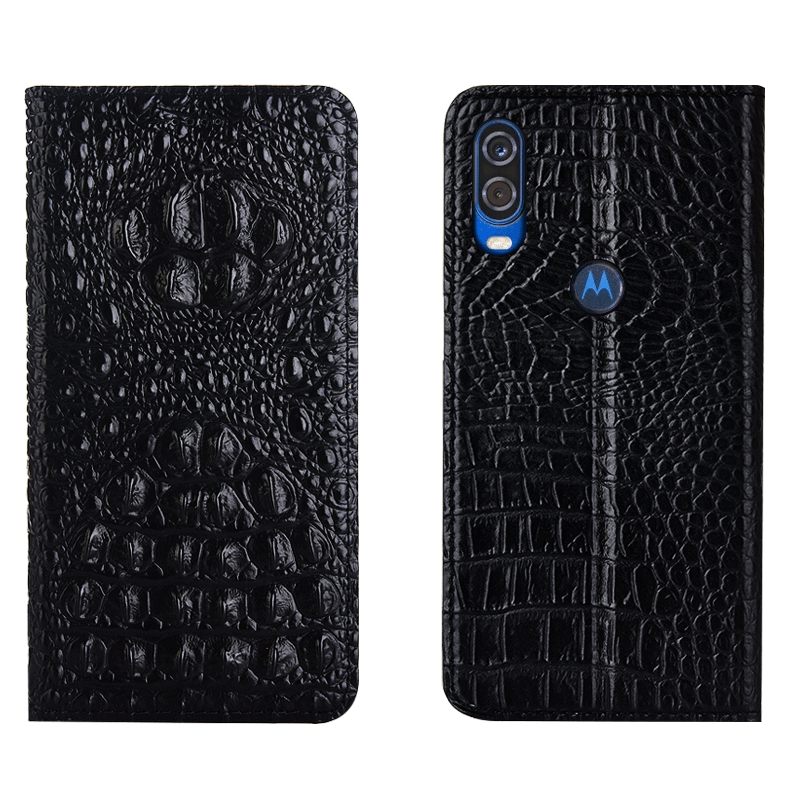 Coque Motorola One Vision Cuir Véritable Étui Crocodile Noir Protection En Vente