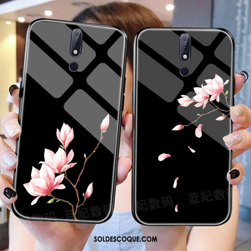 Coque Nokia 7.1 Verre Vent Fleur De Pêche Lumineuses Noir Housse En Vente