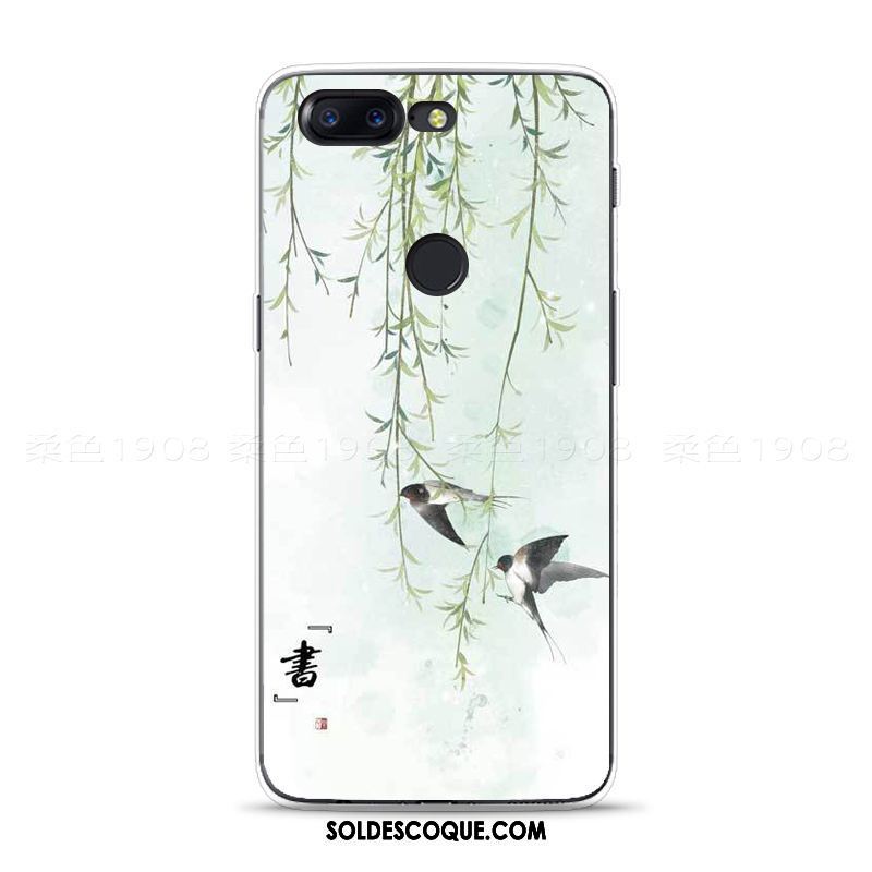 Coque Oneplus 5t Téléphone Portable Frais Fleur De Pêche Vert Peinture À L'encre France