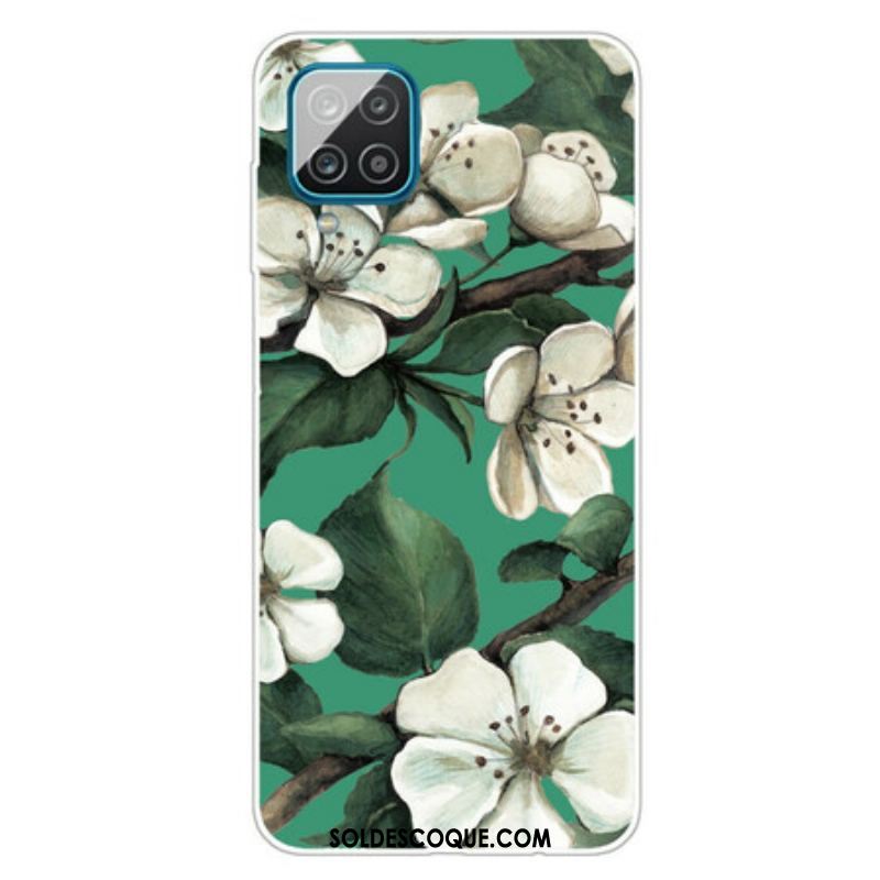 Coque Samsung Galaxy A12 / M12 Fleurs Blanches Peintes