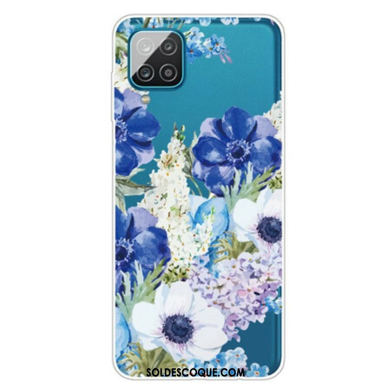 Coque Samsung Galaxy A12 / M12 Transparente Fleurs Bleues Aquarelle