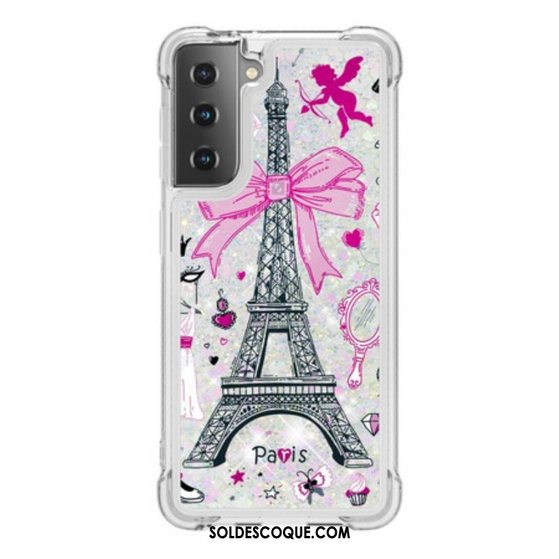 Coque Samsung Galaxy S21 5G La Tour Eiffel Paillettes