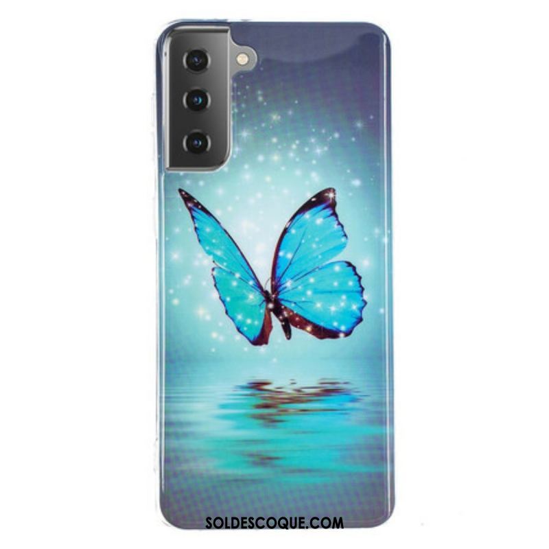 Coque Samsung Galaxy S21 5G Papillon Bleu Fluorescente