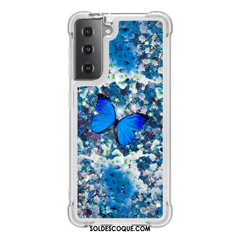 Coque Samsung Galaxy S21 5G Papillons Bleus Paillettes