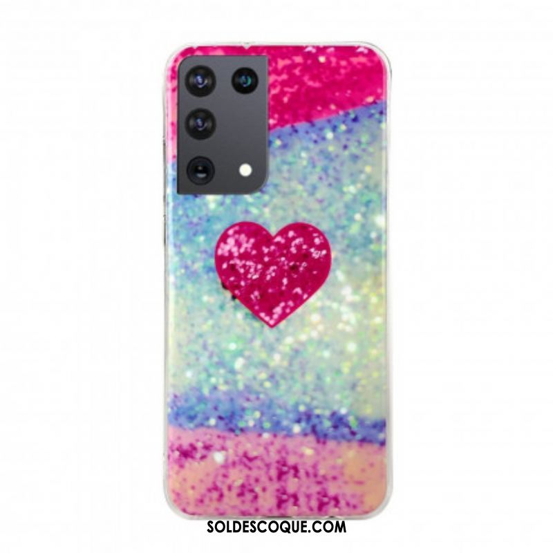 Coque Samsung Galaxy S21 Ultra 5G Coeur Marbre Paillettes