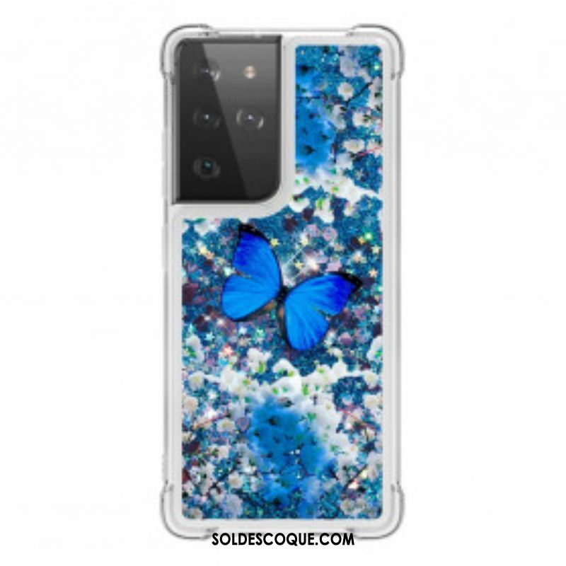 Coque Samsung Galaxy S21 Ultra 5G Papillons Bleus Paillettes