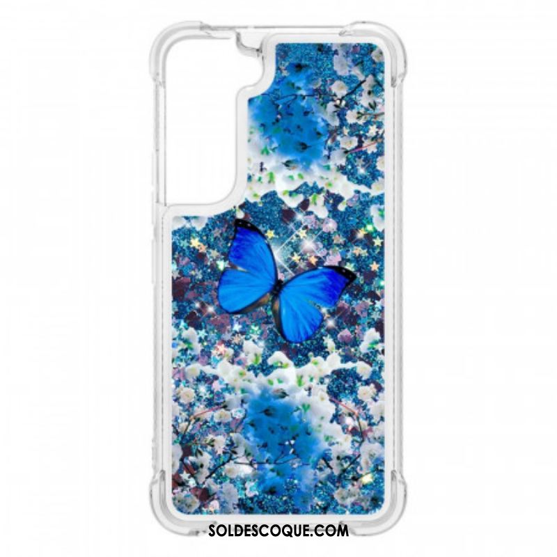 Coque Samsung Galaxy S22 5G Papillons Bleus Paillettes
