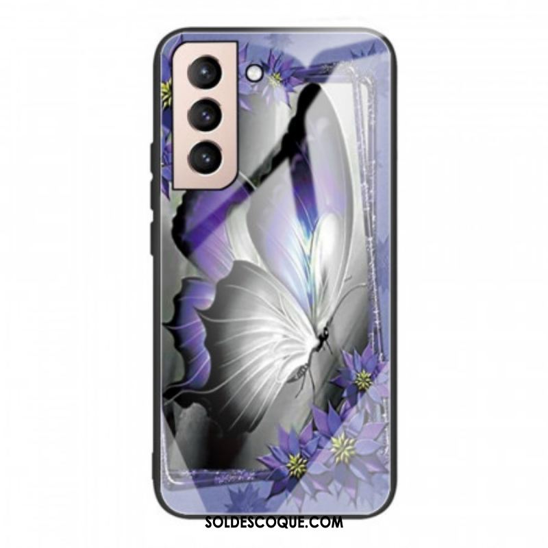 Coque Samsung Galaxy S22 5G Verre Trempé Papillon Violet