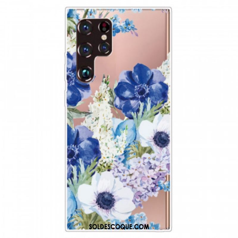 Coque Samsung Galaxy S22 Ultra 5G Fleurs Bleues Aquarelle