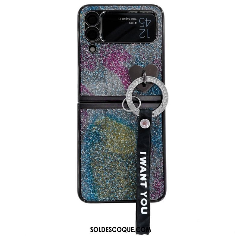 Coque Samsung Galaxy Z Flip 3 5G Paillettes, Breloques et Lanière