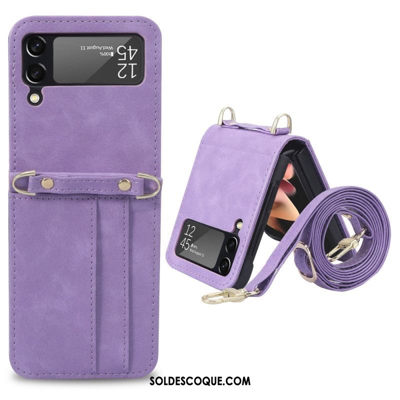 Coque Samsung Galaxy Z Flip 4 Style Cuir Porte-Cartes et Lanière