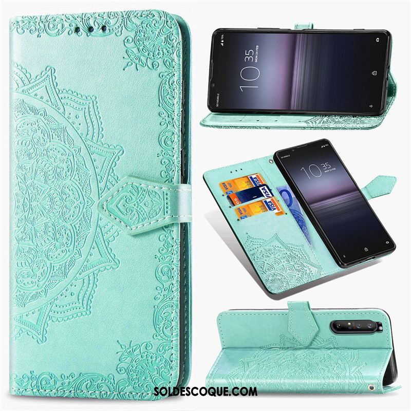 Coque Sony Xperia 1 Ii Vert Similicuir Ornements Suspendus Étui En Cuir Gaufrage Soldes