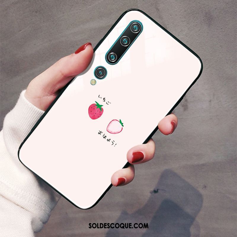 Coque Xiaomi Mi 10 Verre Dessin Animé Rose Téléphone Portable Incassable Pas Cher