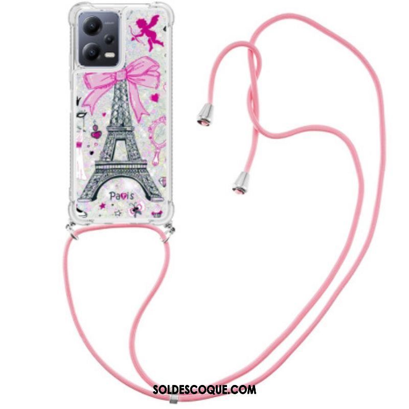 Coque Xiaomi Redmi Note 12/Poco X5 5G à Cordon Paillettes Tour Eiffel