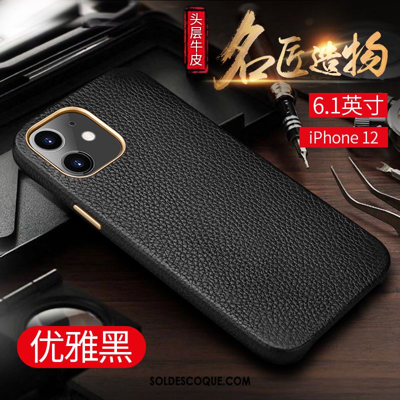 Coque iPhone 12 Simple Cuir Véritable Incassable Étui Luxe Soldes