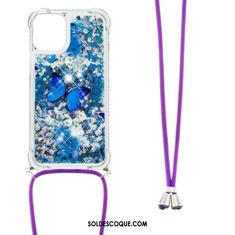 Coque iPhone 13 Mini à Cordon Paillettes Papillons