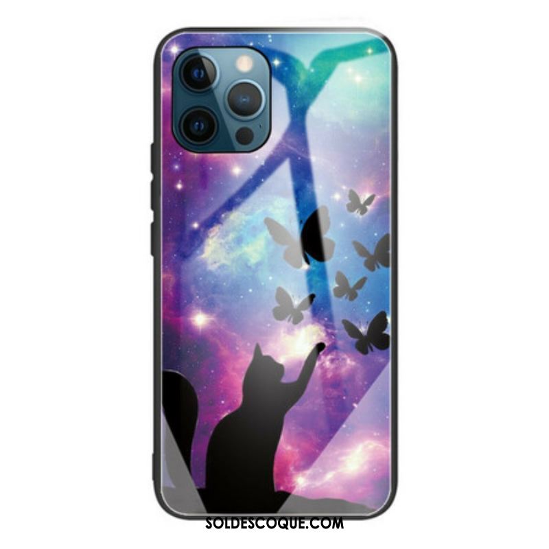 Coque iPhone 13 Pro Verre Trempé Chat et Papillons Dans l'Espace