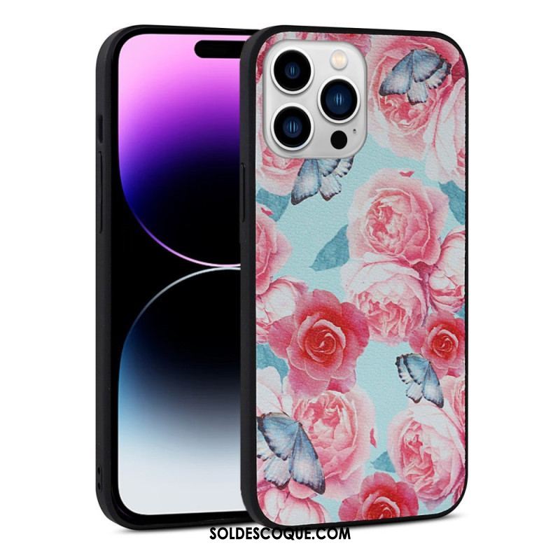 Coque iPhone 14 Pro Simili Cuir Florale