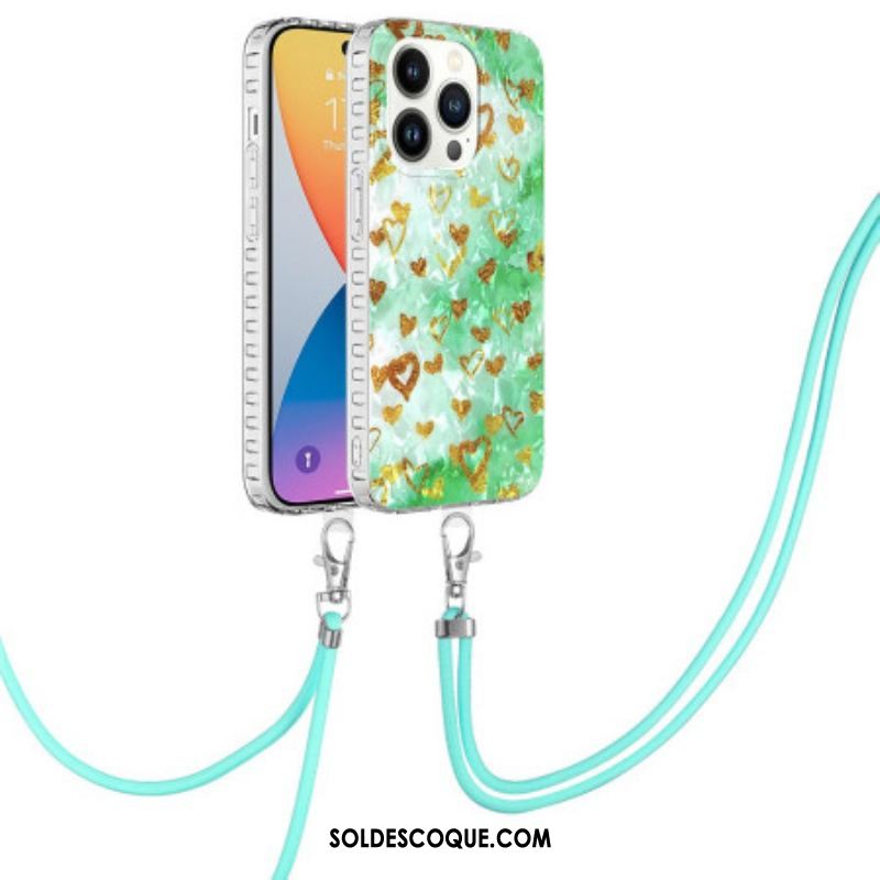 Coque iPhone 14 Pro à Cordon Coeurs Stylés