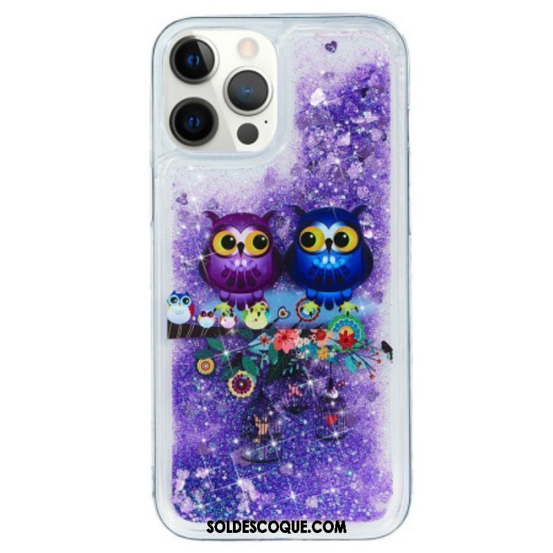 Coque iPhone 15 Pro Paillettes Couple de Hiboux