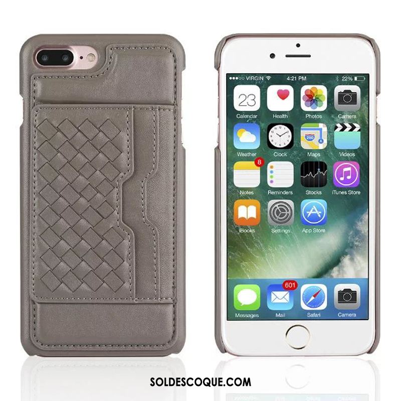 Coque iPhone 7 Plus Support Tissage Portefeuille Étui En Cuir Gris Soldes