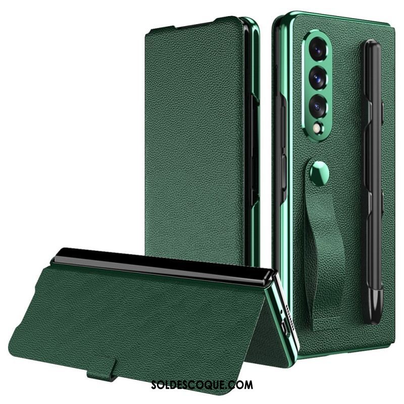 Flip Cover Samsung Galaxy Z Fold 3 5G Style Cuir Litchi Porte-Stylet et Sangle