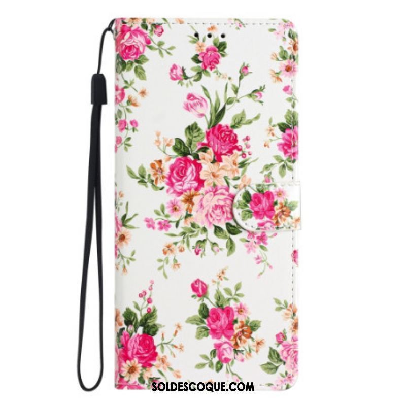 Housse Moto G73 5G Fleurs Liberty à Lanière