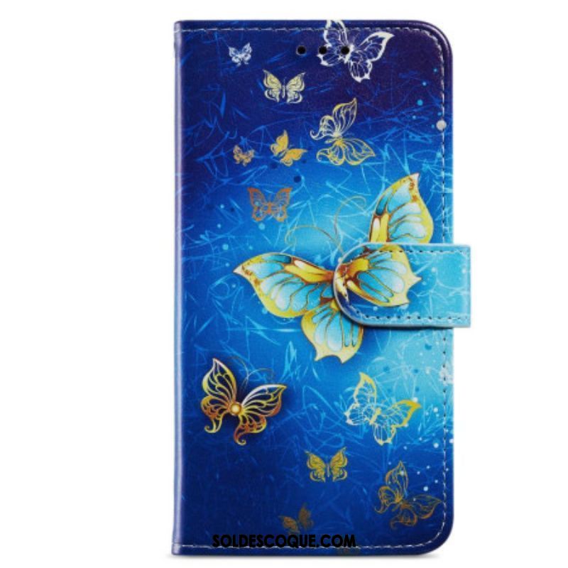 Housse Moto G73 5G Papillons Dorés à Lanière