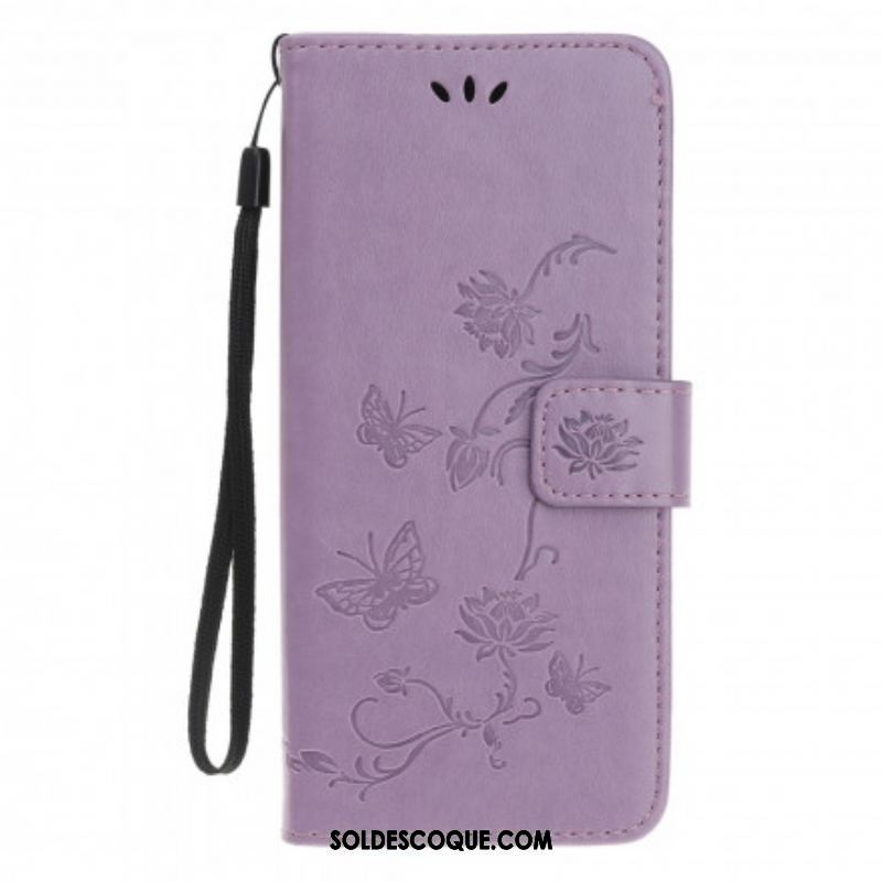 Housse Motorola Edge 20 Lite Papillons et Fleurs à Lanière