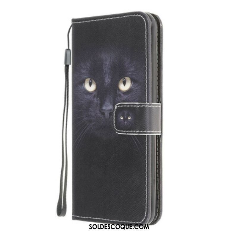 Housse Samsung Galaxy A42 5G Yeux de Chat Noir à Lanière